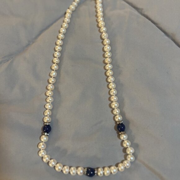 Faux Pearl and Lapis/Jewel Glass Necklace - 19" Long - Preowned - CL - Picture 1 of 3